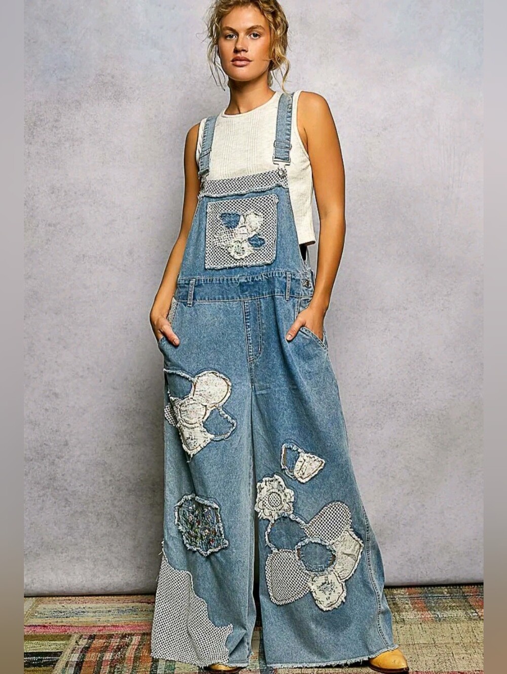 POL Light Blue Patchwork Wide-Leg Denim Overalls NWOT